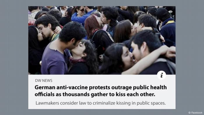 Screenshot of a fake news Facebook post showing a crowd of people kissing and a misleading headline