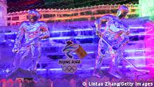 BEIJING, CHINA - FEBRUARY 26: The logos of the 2022 Beijing Winter Olympics are seen at the venue of Yanqing Ice Festival on February 26, 2021 in Beijing, China. The Festival comes at the final day of the Chinese Lunar New Year celebrations. (Photo by Lintao Zhang/Getty Images)
