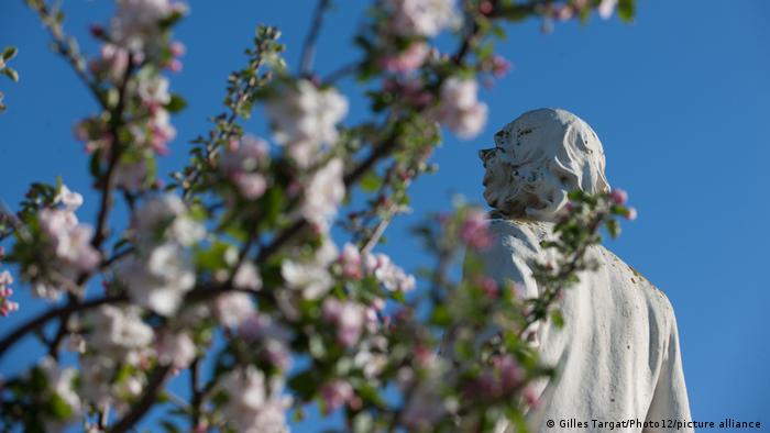 Unscharf im Vordergrund sind rosa Blüten zu sehen, dahinter scharf im Hintergrund eine weiße Statue von Gustave Flaubert
