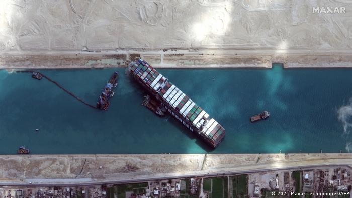The Ever Given container ship blocking the Suez Canal in March