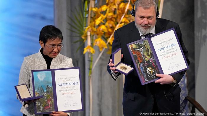 Nobel Peace Prize winners Dmitry Muratov, from Russia, and Maria Ressa, of the Philippines