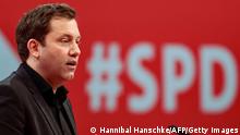 Designated SPD co-leader Lars Klingbeil speaks during a hybrid party congress of Germany's Social Democratic Party (SPD) in Berlin, Germany, December 11, 2021. (Photo by HANNIBAL HANSCHKE / POOL / AFP) (Photo by HANNIBAL HANSCHKE/POOL/AFP via Getty Images)