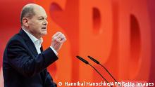 German Chancellor Olaf Scholz speaks during a hybrid party congress of Germany's Social Democratic Party (SPD) in Berlin, Germany, on December 11, 2021. (Photo by HANNIBAL HANSCHKE / POOL / AFP) (Photo by HANNIBAL HANSCHKE/POOL/AFP via Getty Images)