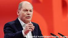 German Chancellor Olaf Scholz speaks during a hybrid party congress of Germany's Social Democratic Party (SPD) in Berlin, Germany, on December 11, 2021. (Photo by HANNIBAL HANSCHKE / POOL / AFP) (Photo by HANNIBAL HANSCHKE/POOL/AFP via Getty Images)