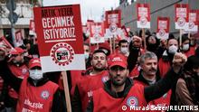 Members of the Confederation of Revolutionary Trade Unions of Turkey (DISK) take part in a protest against the economic policies of the government, in Istanbul, Turkey December 12, 2021. REUTERS/Murad Sezer
