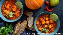 Feuriges Chili con Kürbis aus der veganen Küche mit Limette und Koriander? Hot vegan chili con calabaza from the vegan cuisine with lime and coriander served with slices of a wholemeal roll