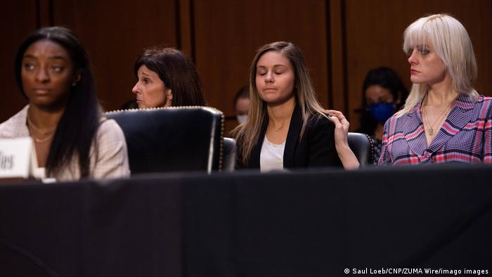 US gymnasts Jessica Howard R and Kaylee Lorincz C watch as US Olympic gymnast Simone Biles L testifies during a Senate Judiciary committee hearing about the Inspector General s report on the FBI handling of the Larry Nassar investigation of sexual abuse of gymnasts, on Capitol Hill