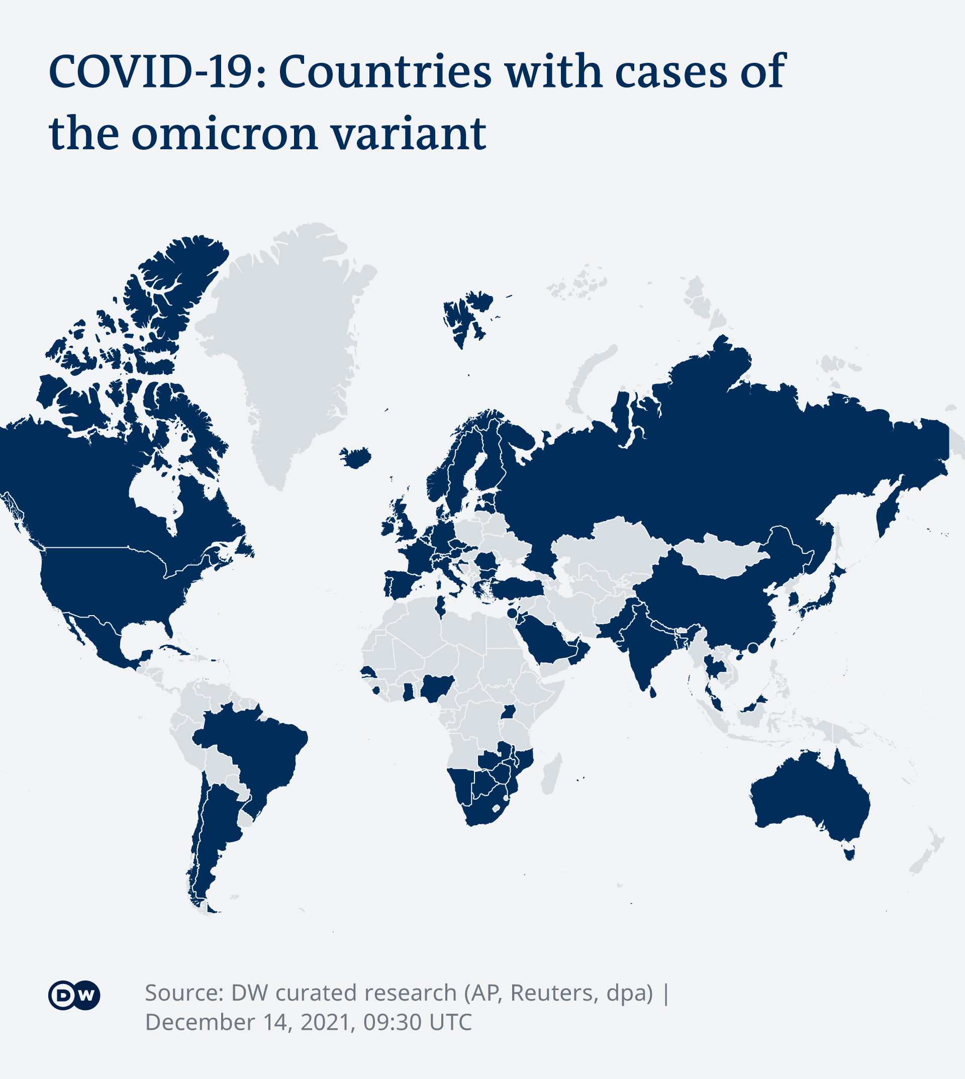 Infographic illustrating countries with records of the omicron variant of COVID-19 (as at 14.12.2021)