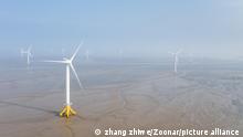 aerial view of wind farm on mud flats wetland, clean energy landscape, jiangsu province, China.