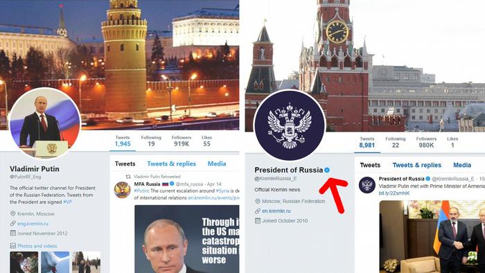 Soldaki sahte Putin hesabı için birçok Twitter kullanıcısını kandırmak zor olmadı zira hesap, yanlış bilgi yaymak yerine Kremlin'in resmi açıklamalarını retweetliyordu ancak mavi tık alan sadece Putin'in sağdaki resmi hesabıydı.
