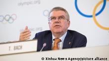 (190621) -- LAUSANNE, June 21, 2019 (Xinhua) -- International Olympic Committee (IOC) President Thomas Bach speaks at a press conference in Lausanne, Switzerland, June 20, 2019. Bach said Thursday that he has no concern at all about the 2022 Beijing Winter Olympic Games, as his committee is perfectly satisfied with all preparation work. (Xinhua/Xu Jinquan)