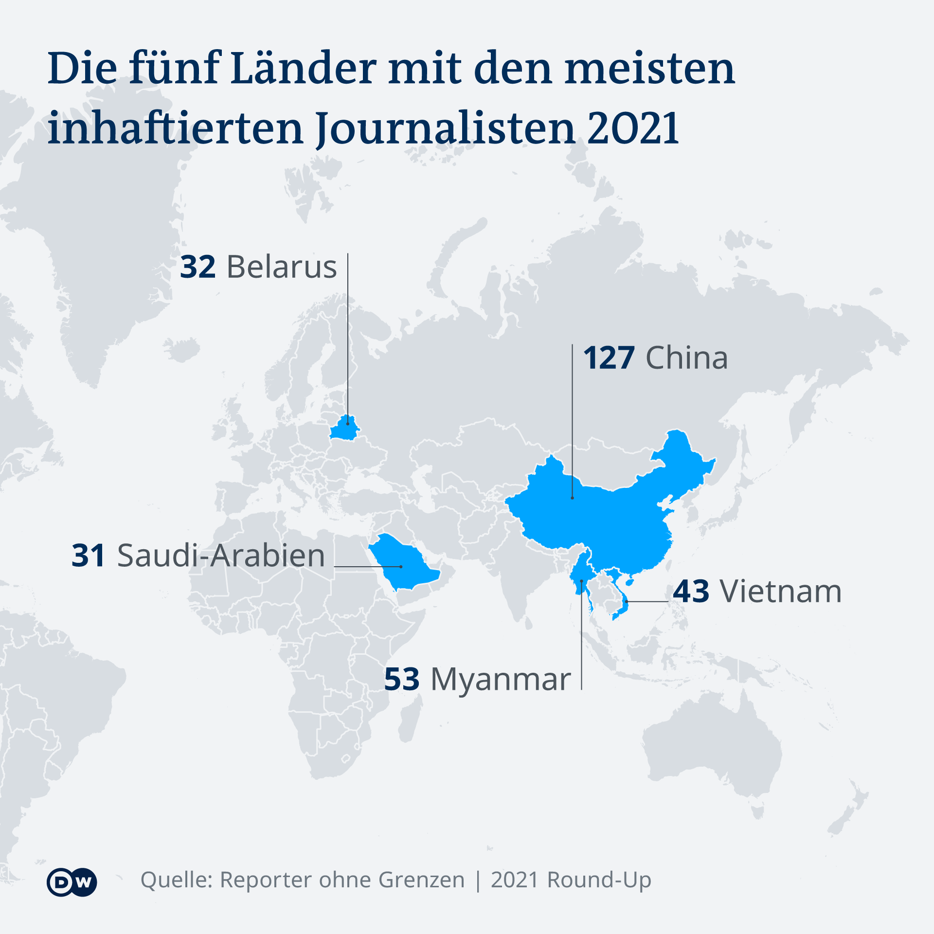Infografik wo am meisten inhaftierte Journalisten DE ***SPERRFRIST 16.12.2021, 06:00 CET!!!***