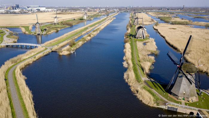 Windmills on canals in Kinderdijk from the air