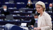 European Commission President Ursula von der Leyen delivers a speech during a plenary session at the European Parliament in Strasbourg, eastern France, Wednesday, Dec. 15, 2021. European Commission President Ursula von der Leyen says that omicron is expected to be the dominant coronavirus variant in the 27-nation bloc by mid-January. (Julien Warnand, Pool Photo via AP)