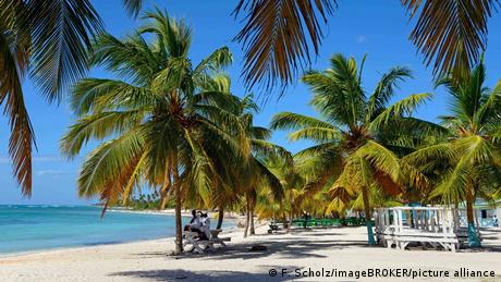 A sandy beach with palm trees in Mano Juan, Dominican Republic