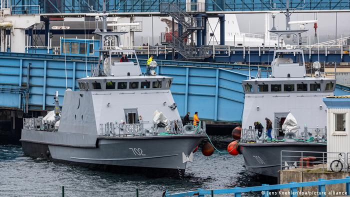 Two Egyptian patrol boats dock at Mukran port in northern Germany