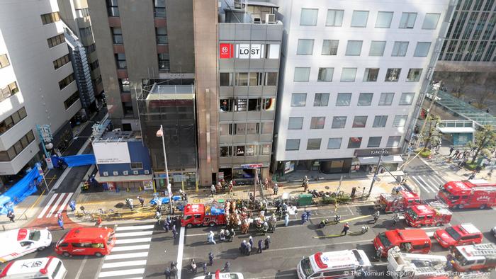 An aerial picture shows building where fire broke out in Osaka city