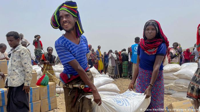 Sacks of foot being delivered by the World Food Programme in Afar