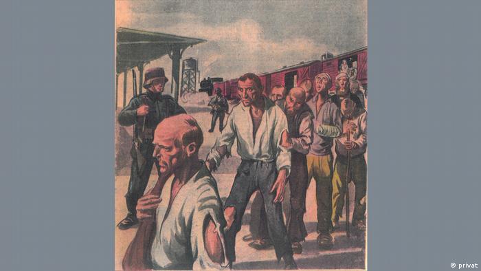 Illustration from the Greek weekly 'Ethnos' showing German soldiers deporting Greek Jews