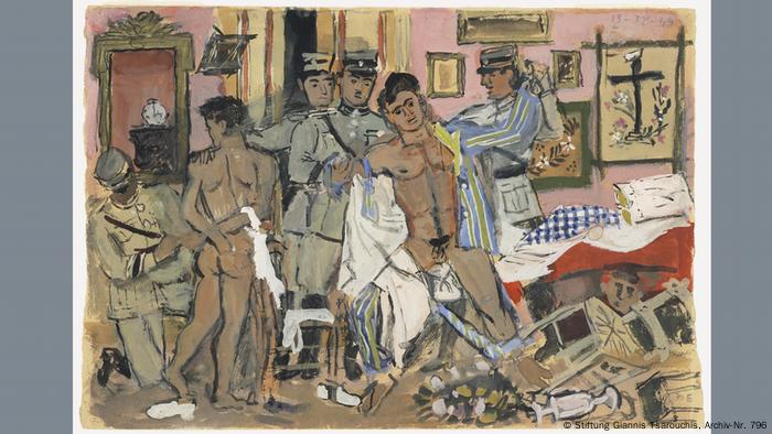 Painting by Yannis Tsarouchis titled The Arrest of Three Communists of 1944 Painting by Yannis Tsarouchis titled The Arrest of Three Communists of 1944