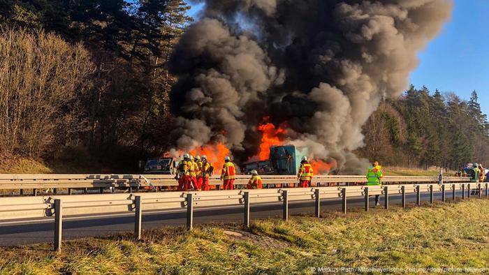 Accident scene burning on the autobahn