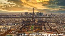 Aerial view of the Paris skyline with the iconic Eiffel Tower