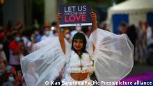 LGBTQ gathered on Ratchaprasong Road to demand and campaign for equal marriage by working together to push for an amendment to the Thai marriage law that does not restrict gender to men and women. (Photo by Kan Sangtong/Pacific Press)