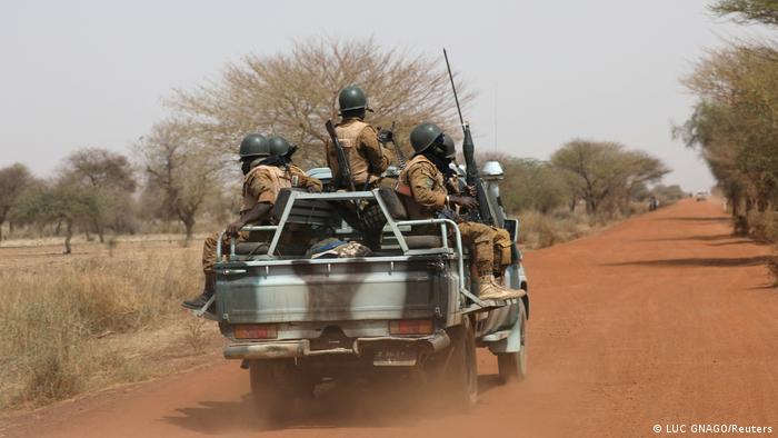Soldiers from Burkina Faso patrol on the road of Gorgadji in the Sahel area