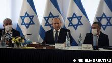 Israeli Prime Minister Naftali Bennett speaks at the weekly cabinet meeting in Kibbutz Mevo Hama in the Israeli-occupied Golan Heights, December 26, 2021. REUTERS/Nir Elias
