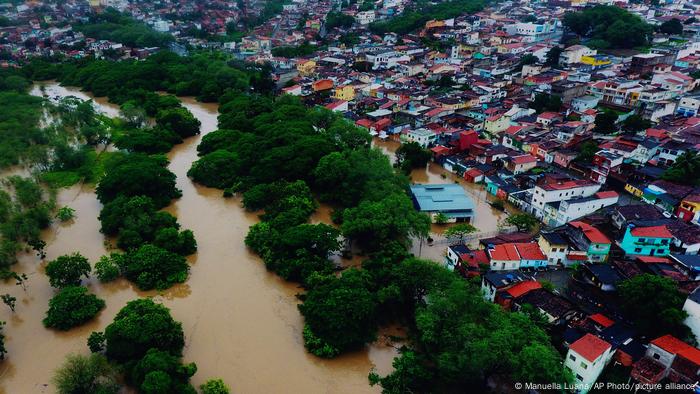 An aerial view of floods caused by heavy rains in the city of Itapetinga, southern region of the state of Bahia