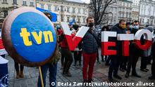 People attend Free People, Free Media' protest at the Main Square in Krakow, Poland on December 19, 2021. Protesters gathered after Poland's parliament, controlled by Law and Justice(PiS) party, voted unexpectedly in support of a controversial media reform bill targeting Discovery-owned TVN group channels. The bill now goes to President Andrzej Duda to be signed into law. (Photo by Beata Zawrzel/NurPhoto)