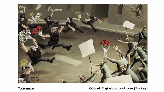Kartun yang menggambarkan demonstran dan polisi berlari ke arah yang sama dengan gesture berpelukan sambil membawa bunga