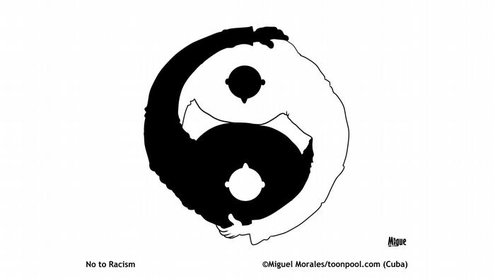 Kartun Yin dan Yang Miguel Morales yang melihatkan orang hitam dan putih saling berpelukan membentuk simbol Yin dan Yang