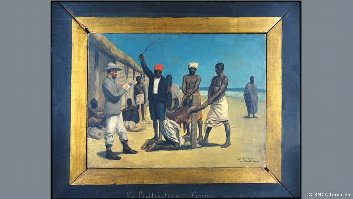 In the Tervuren temporary exhibition Human Zoo, a painting of two Black men holding another Black man who is being whipped 