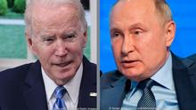 L: WASHINGTON, DC - DECEMBER 27, 2021: U.S. President Joe Biden speaks during a video call with the White House Covid-19 Response team
R: Russian President Vladimir Putin gestures while speaking at the plenary session of the Russian Energy Week in Moscow, Russia, Wednesday, Oct. 13, 2021.