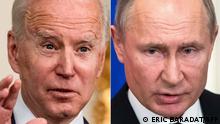 (FILES) This combination photo shows US President Joe Biden (L) during remarks on the implementation of the American Rescue Plan in the State Dining room of the White House in Washington, DC on March 15, 2021; and Russian President Vladimir Putin as he and his Turkish counterpart hold a joint press statement following their talks at the Kremlin in Moscow on March 5, 2020. - Presidents Joe Biden and Vladimir Putin began a phone call on December 30, 2021 on diplomatic solutions to soaring Russia-West tensions over Ukraine, the White House said. (Photo by Eric BARADAT and Pavel Golovkin / various sources / AFP)