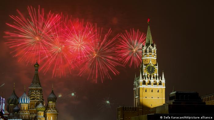 Red fireworks over the Kremlin, Moscow