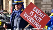 Steve Bray, einer der bekanntesten Brexit-Gegner aus Großbritannien, hält während einer Demonstration gegen den Brexit ein Schild in der Hand, auf dem zu lesen ist: «Der Brexit funktioniert nicht». Demonstranten versammelten sich im Londoner Stadtteil Westminster, um gegen den Brexit zu demonstrieren. +++ dpa-Bildfunk +++