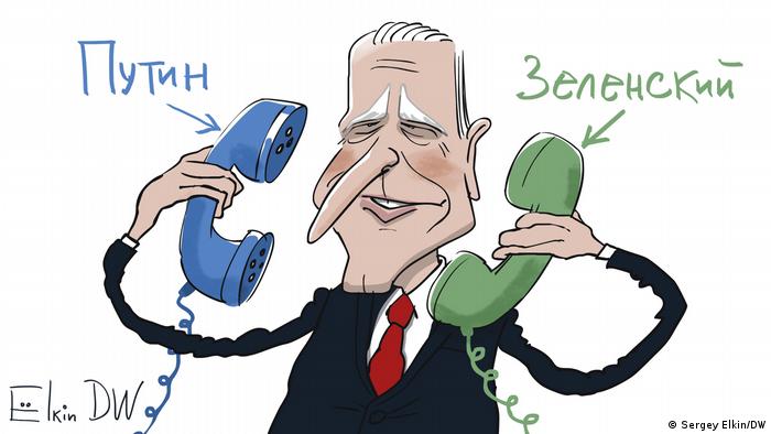 DW-Karikatura Sergey Elkina: Biden u razgovoru sa ukrajinskim i ruskim predsjednikom