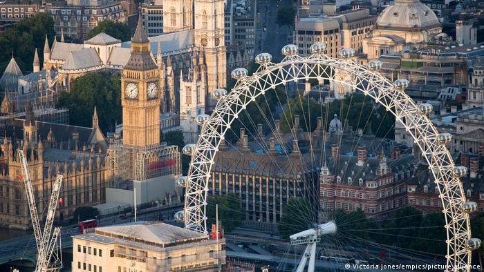 Aerial view of the London Eye and Westminster Abbey and the Houses of Parliament in London, UK.