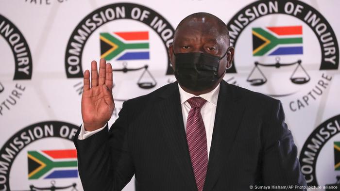  South African President Cyril Ramaphosa takes the oath as he appears at the Zondo Commission of Inquiry into State Capture and Corruption.