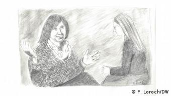 Светлана Алексиевич во время интервью DW. Иллюстрация Фелисити Лорох
