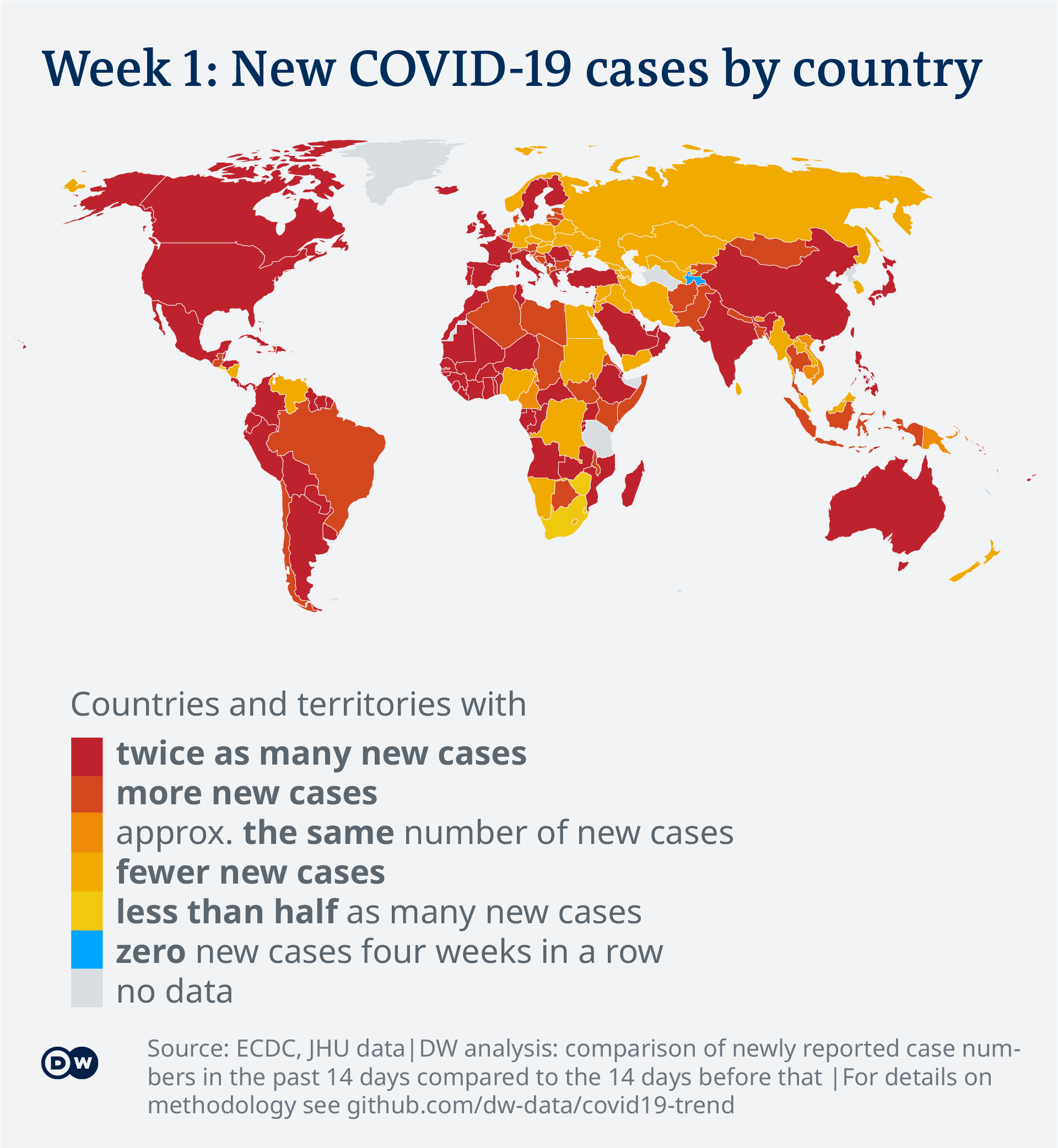 Data visualization: COVID-19 global new case numbers trend - map calendar week 1, 2022