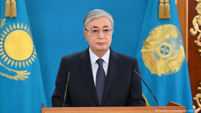 Kazakh President Kassym-Jomart Tokayev speaks during a televised address to the nation