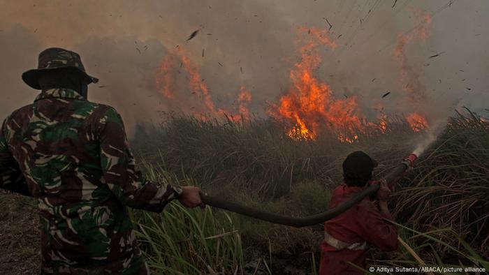 Military personnel extinguish a hearth in Sumatra Island, Indonesia