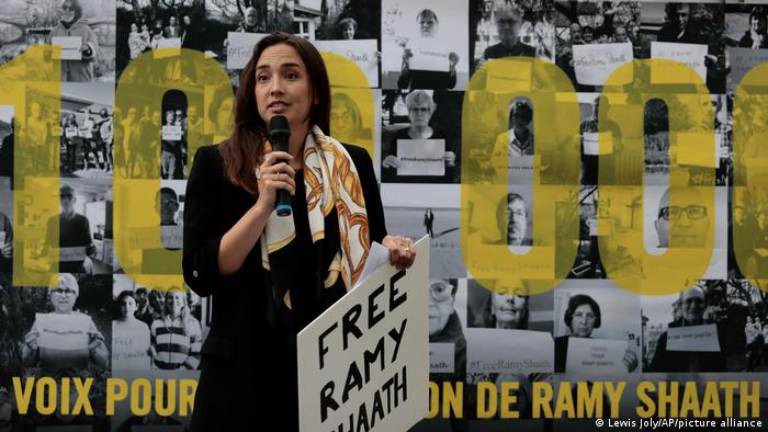 Celine Lebrun-Shaath, wife of Ramy Shaath, speaks during a rally near the Egyptian embassy in Paris