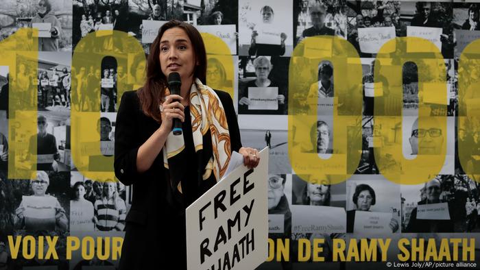 Celine Lebrun-Shaath, wife of Ramy Shaath, speaks during a rally near the Egyptian embassy in Paris