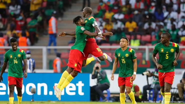 Cameroon's Vincent Aboubakar celebrates scoring their second goal with teammates 