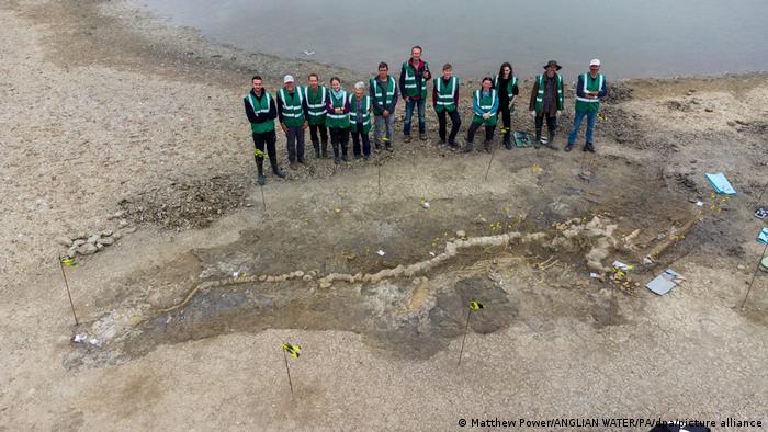 Aerial view: 12 people stand on the ground in front of the excavation area, water in the background 