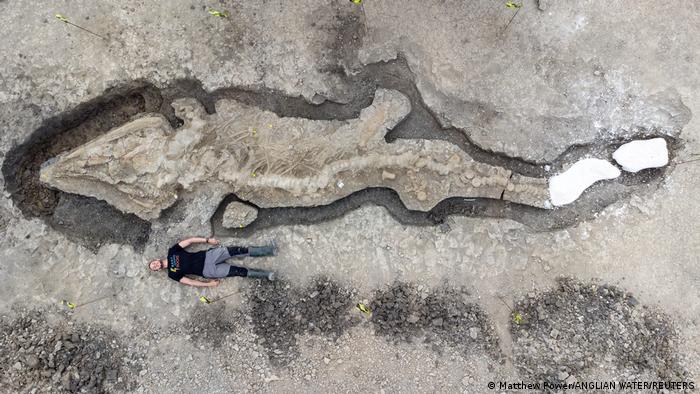 A man lies stretched out next to the unearhted fossil of an ichthyosaur 